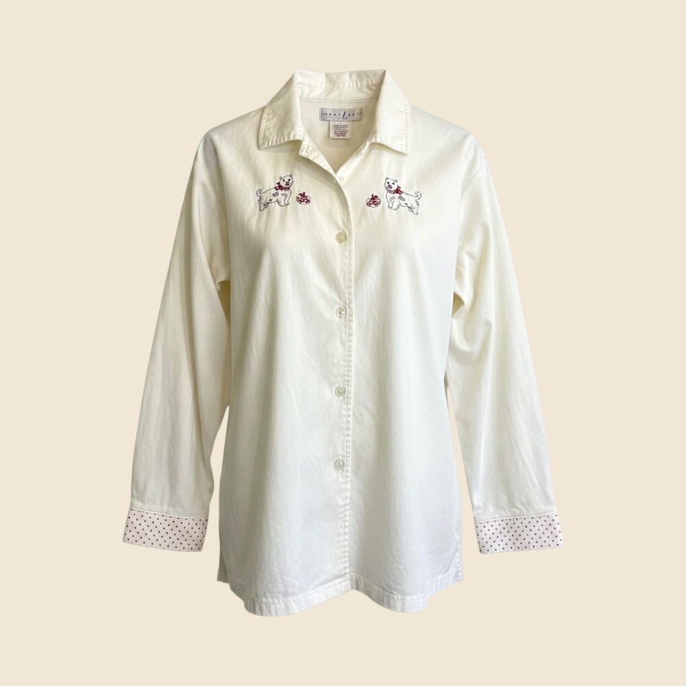 Inner Self Womens White Westie Dog Embroidered Top Size L West Highland Terrier